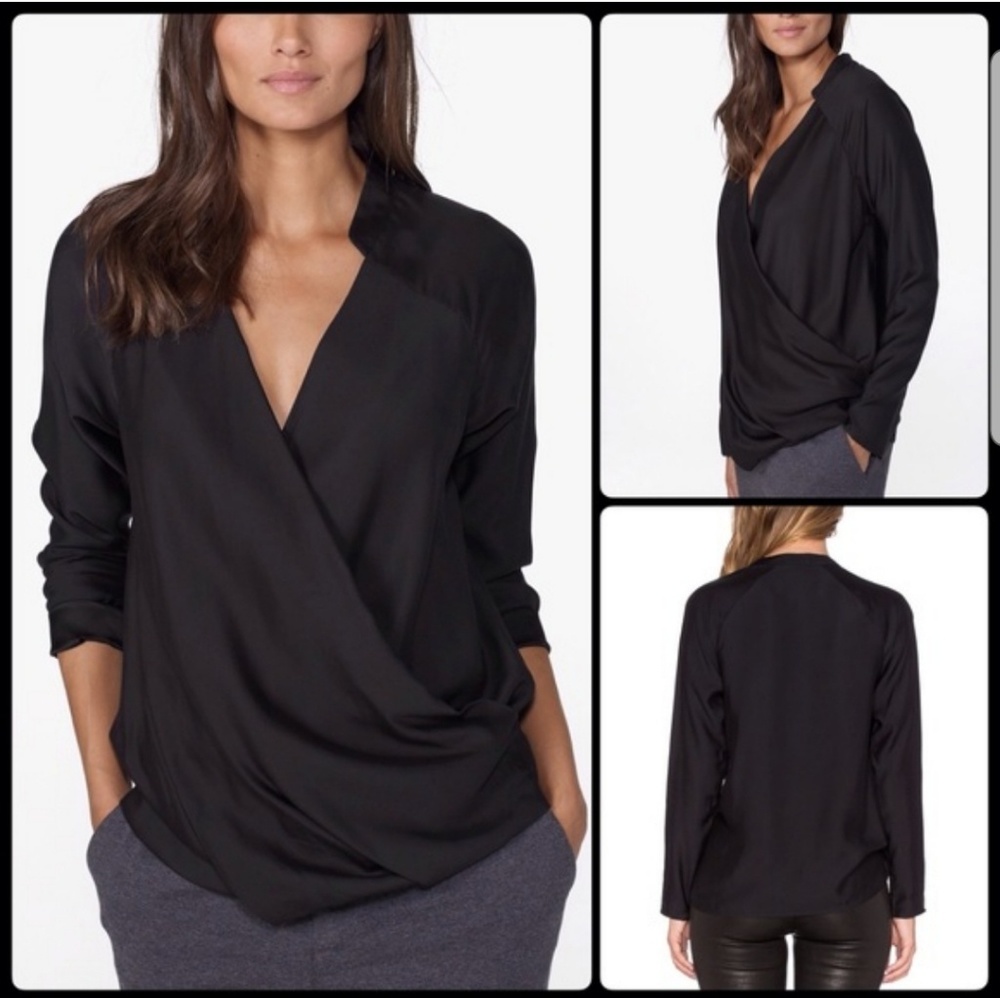 James Perse Black Draped Wrap-Front Blouse